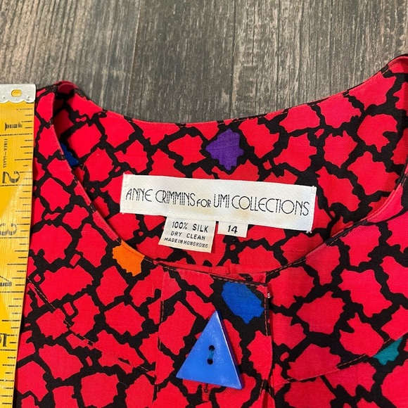 Vintage Anne Crimmins for UMI Collections Triangles Buttons Red Silk Dress Sz 14 - Picture 8 of 12